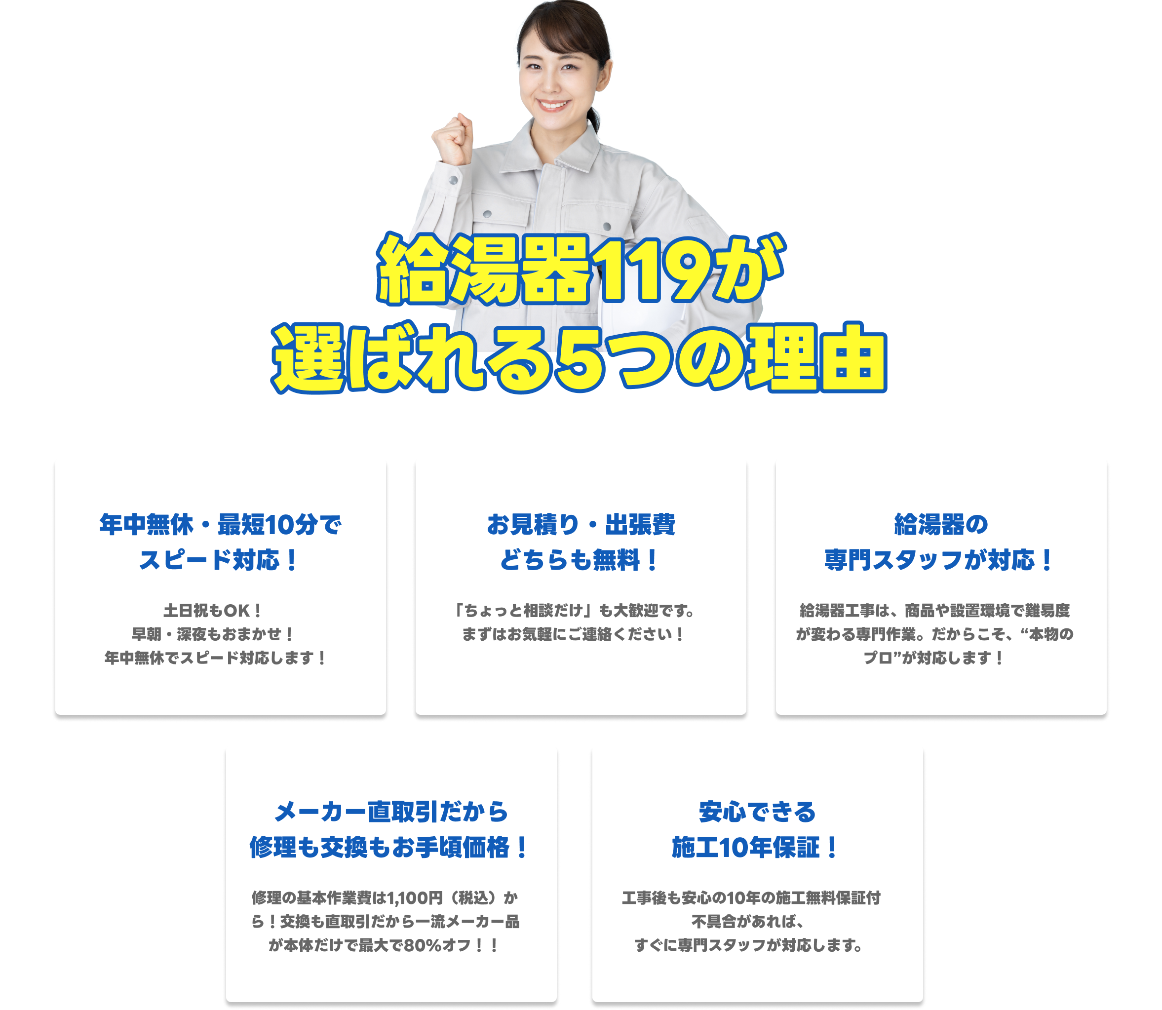エコキュート119が選ばれる5つの理由。迅速対応、自社施工、安心の実績、メーカー直取引、明朗会計。多くのお客様に選ばれています。